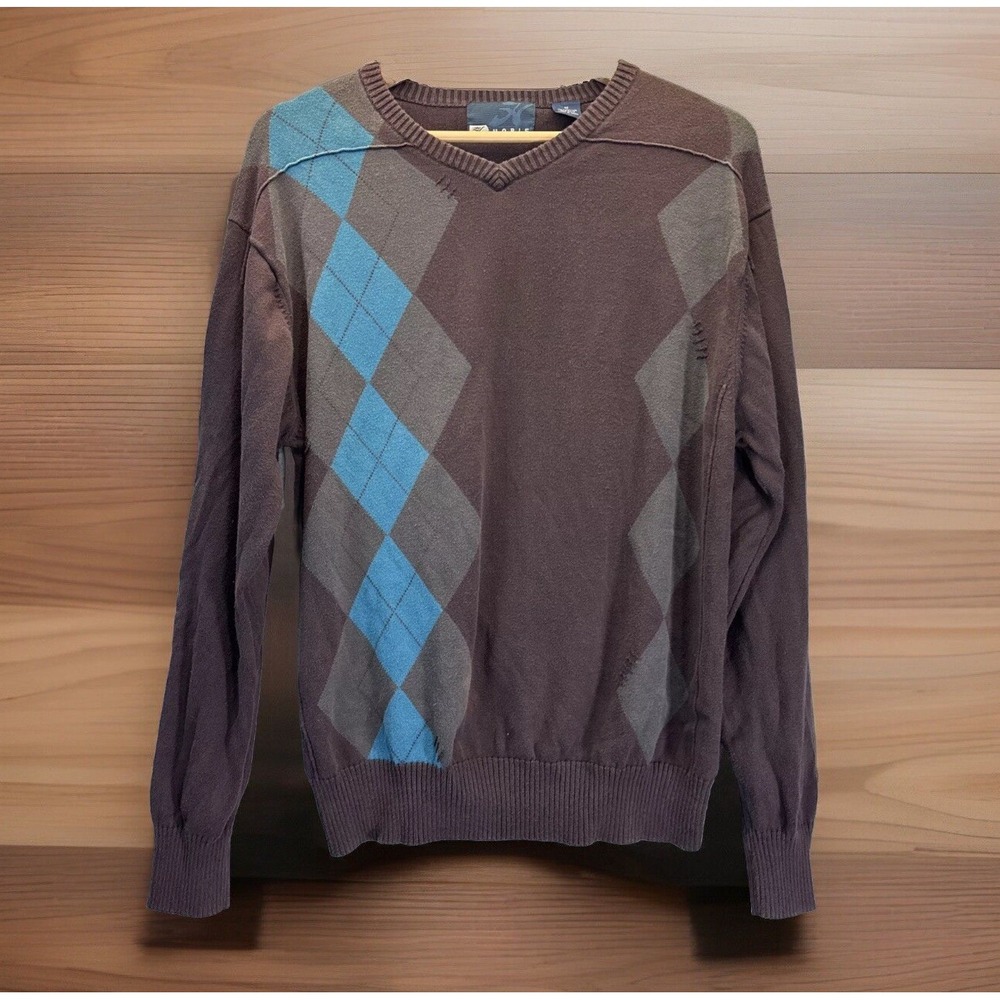 Vintage Hobie Argyle Sweater‎ M's M Brown Blue Surf Skate Oversized Grandpa Logo